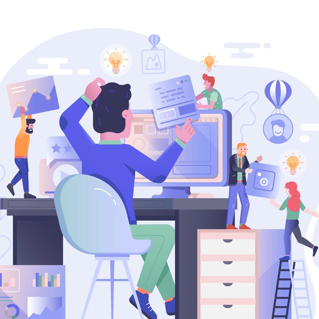 Illustration homme devant son ordinateur qui travaille à la refonte d'un site Internet