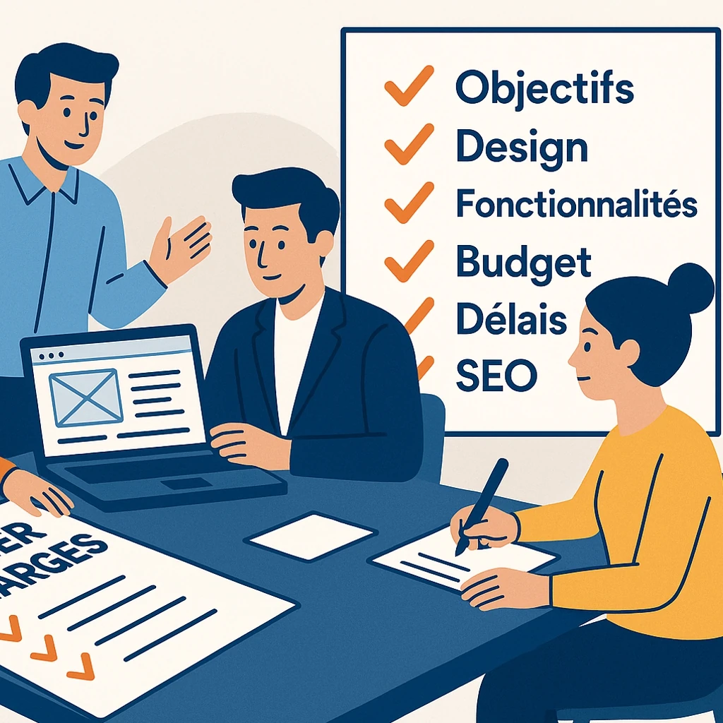 Illustration de personnes qui réalisent une checklist pour leur cahier des charges