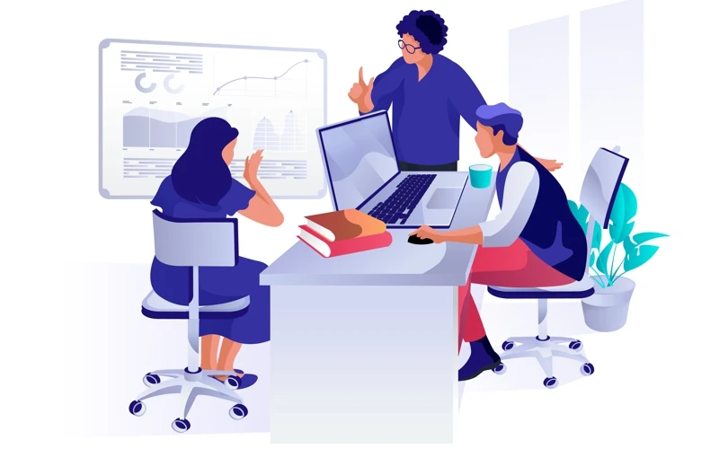Illustration de personnes qui travaillent sur un bureau autour d'un ordinateur