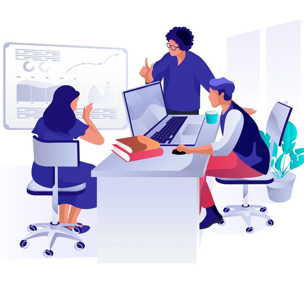Illustration de personnes qui échangent sur un projet web autour d'un ordinateur