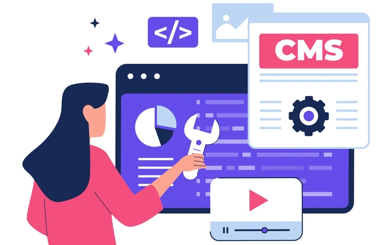 Illustration d'une femme qui utilise un CMS pour réaliser le site Internet d'une association
