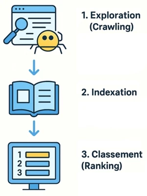 Ces 3 illustrations expliquent les différentes étapes du processus de prise en compte du SEO par les moteurs de recherche.