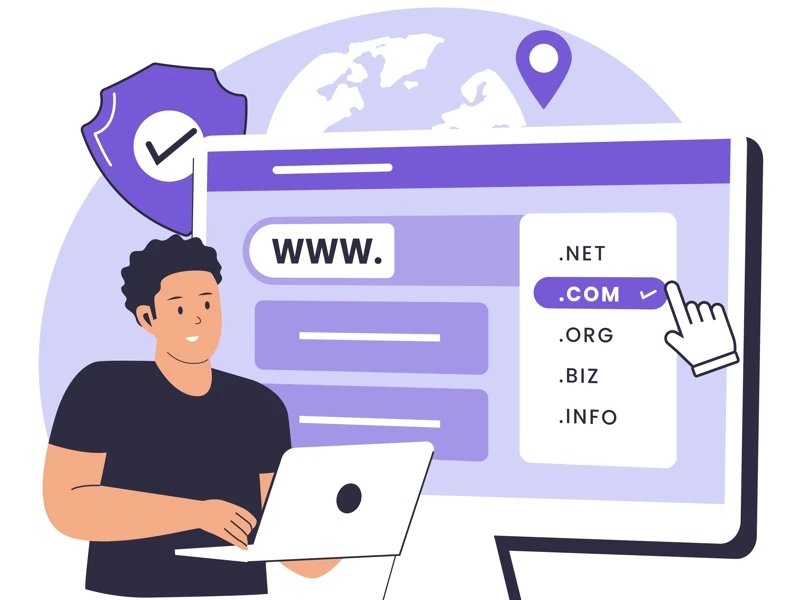 Illustration vectoriel d'un homme devant un écran d'ordinateur qui réfléchit au choix de la bonne extension pour son nom de domaine