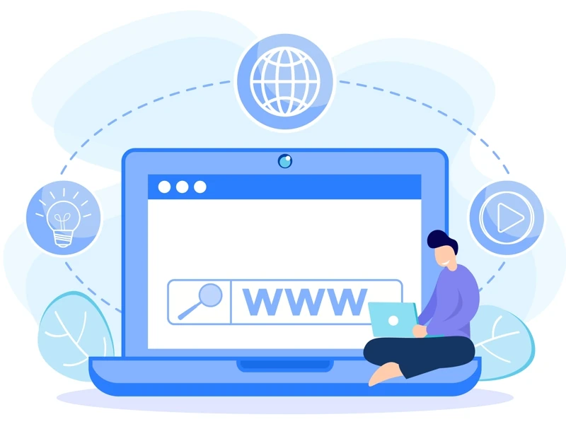 Illustration vectorielle d'un petit personnage assis sur le clavier d'un PC portable de grande taille consulte une adresse web